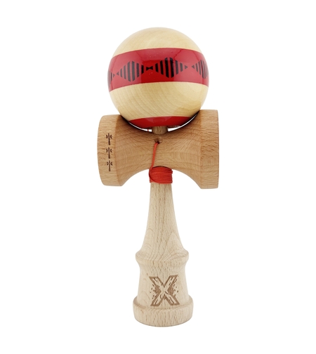 Kendama X FREQUENCY Originala, Profesionala, Flippy, Big Cups V2, Super Sticky cu Cupe Mari, Rulment Metalic, din lemn 18 cm, Ata 55 cm, Rosu/Maro