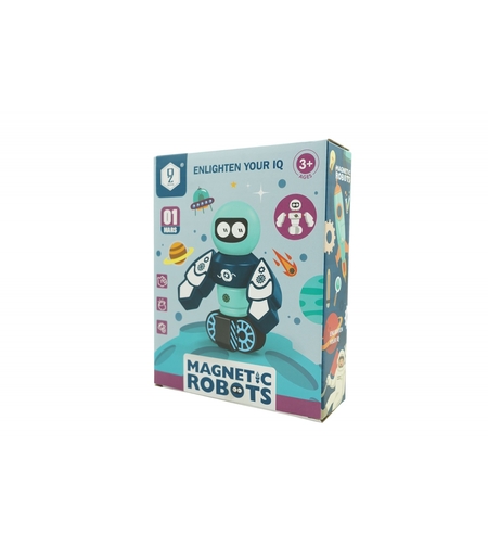 Set inteligent de blocuri magnetice pentru copii, 7 piese, cutie depozitare, robotel, albastru