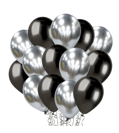 Set 10 Baloane din Latex Chrome, Flippy, Model Party, 23 cm, Negru Argintiu, 2.2 g