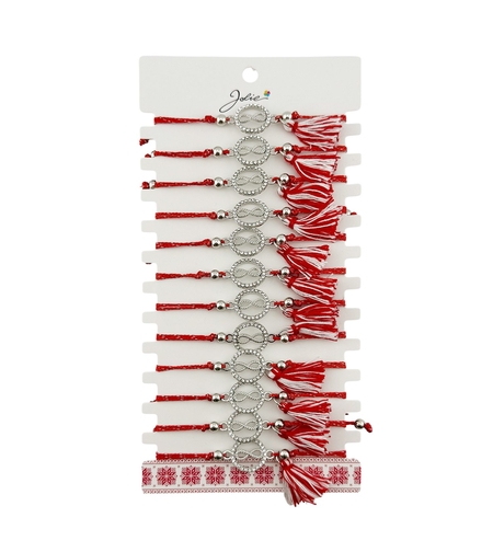 Martisor Bratara cu Ciucure pentru Dama, Jolie, Model Cerc Infinit, Set 12 bucati, Pandativ din Inox cu Pietre, Snur Reglabil, Rosu/Alb