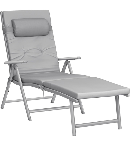 SONGMICS Sezlong pliabil, cu saltea groasa si tetiera, spatar reglabil, maxim 150kg, 183x60x39cm, gri