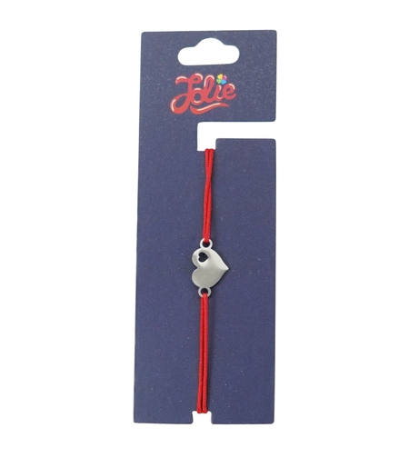Martisor Bratara din Inox pentru Copii, Jolie, Textil si Inox, Snur Rosu, Model Inimioare, Argintiu
