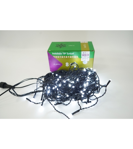 Instalatie de Craciun Vafy® Tip Franjuri, 8 jocuri de lumini, Sectiune 5 m, 143 LED-uri, Interconectabila, Fir Negru, Alb Rece