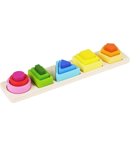 Jucarie Montessori din Lemn, Flippy, Tip Puzzle, cu 5 Forme Asimetrice, 15 Piese, Educativa, Interactiva, Creativa, Model Forme Geometrice, Materiale Non Toxice, +2 Ani, 29x6.5 cm, Multicolor