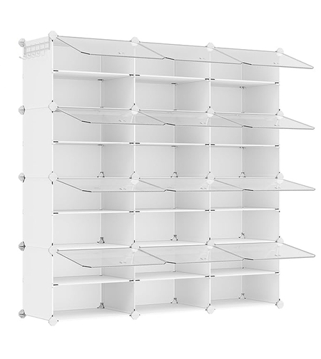 SONGMICS Organizator pantofi modular cu 12 compartimente, cadru metalic si panouri din plastic, cu usi, 124x32x125 cm, alb