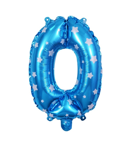 Balon din Folie Metalizata Flippy, Figurina Cifra, Imprimeu Stele, Tema Aniversare 80 cm, Ambalaj Individual, Pai inclus, Umflare cu Aer sau Heliu, Albastru, Cifra 0