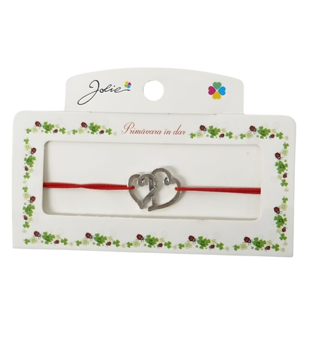 Martisor Bratara cu 2 Noduri, Jolie, Snur Rosu, Model Inimioare, Elastica, Dimensiune Reglabila, Ambalata Individual, Rosu/Argintiu