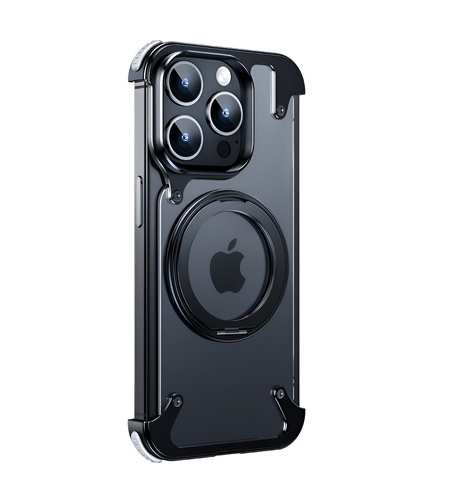 Husa de Protectie Compatibil cu iPhone 15 Pro Max, Vafy, Incarcare Wireless, Tehnologie Magsafe, Inel Magnetic Rotativ 360 cu Functie de Suport, Rama Metalica, Carcasa din PC, Negru Transparent