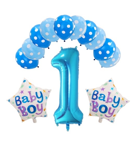 Set 13 baloane, pentru Prima Aniversare, 10 baloane latex, 2 baloane stea folie, cifra 1, Albastru