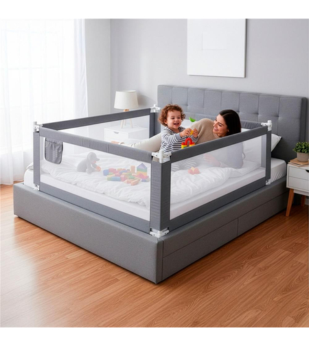Bariera de siguranta pentru pat, protectie copii, 158 cm, reglabila pe inaltime 75-95 cm, gri