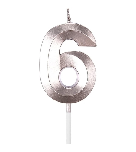 Lumanare Cifra 6, Flippy, Model Diamond, 5 x 3.4 cm, Argintiu