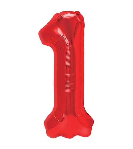 Balon din Folie Metalizata Flippy, Figurina Cifra, Tema Aniversare 40 cm, Ambalaj Individual, Pai inclus, Umflare cu Aer sau Heliu, Rosu, Cifra 1
