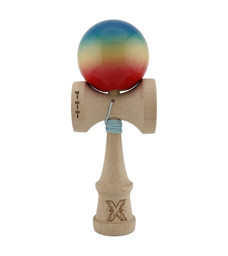 Kendama X Originala, Profesionala, Flippy, Big Cups V2, Super Sticky Cupe Mari, Rulment Metalic cu Ata 55 cm, Rosu/Galben/Albastru