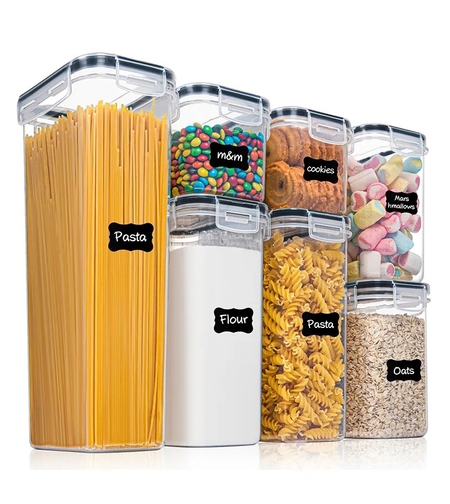 Cutii de depozitare alimente, Flippy, Set din 7 Cutii pentru Condimente, Cereale, Cutii pentru Bucatarie, din Plastic PP, Cutii Alimentare, Diferite Dimensiuni, Transparente