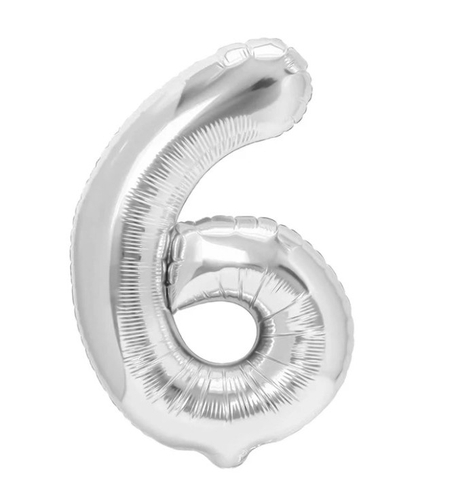 Balon din Folie Metalizata Flippy, Figurina Cifra, Tema Aniversare 40 cm, Ambalaj Individual, Pai inclus, Umflare cu Aer sau Heliu, Argintiu, Cifra 6
