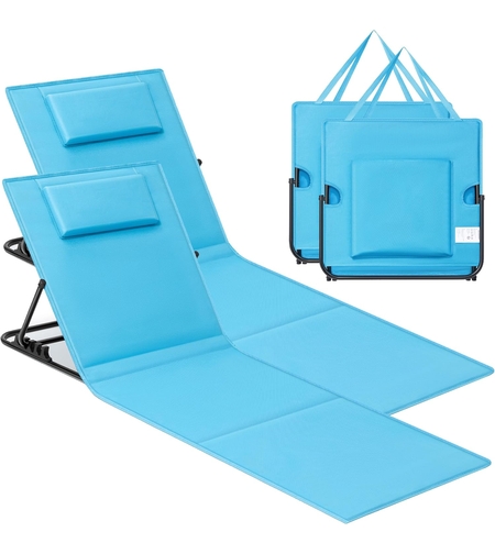 SONGMICS Set 2 sezlonguri plaja pliabile, spatar reglabil in 4 pozitii, tetiera, buzunar depozitare, 158x55 cm, albastru