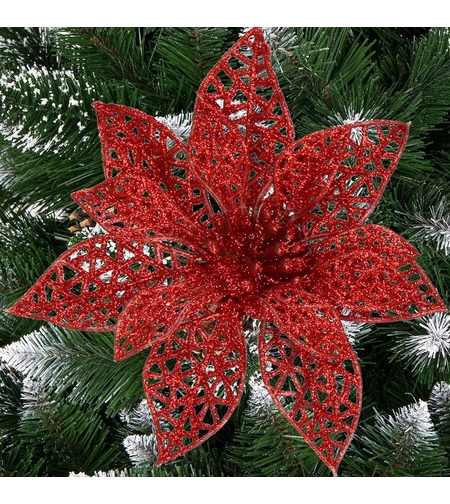 Set 10 ornamente pentru bradul de Craciun, stea Poinsettia, 10cm, rosu