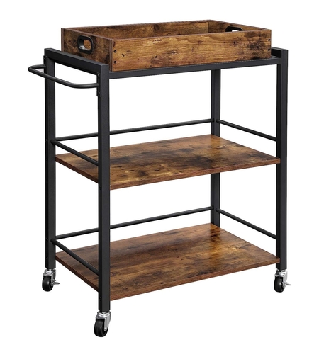 VASAGLE Carucior de servire pe roti pentru bucatarie, 3 polite, tava detasabila, stil industrial, 40x72x86cm, maro rustic