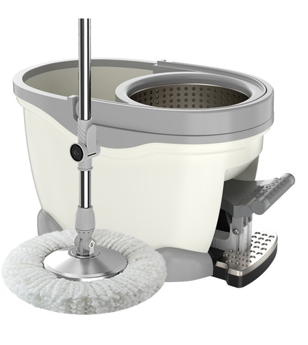 Set Galeata cu Pedala si Mop Rotativ 360°, Flippy, Cu Actiune Centrifuga x4, Pentru Uz Casnic, Maner din Otel Inoxidabil Telescopic, 2 Capte din Bumbac, 46x30x28 cm, Alb Ivoir