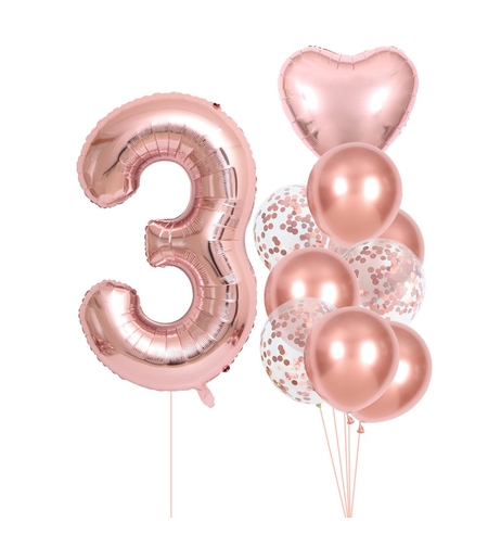 Set 10 Baloane Folie si Latex, Flippy, Tematica Aniversare, Baloane Latex 25cm, Figurina Inimioara 45 cm, Cifra 3 de 81 cm, Ambalaj Individual, Pai Inclus, Umflare cu Aer sau Heliu, Roz Pal