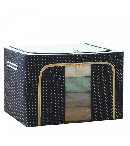Cutie de Depozitare Pliabila, Vafy, Cu Fermoar, 66 L, Textil, 50 x 40 x 33 cm, Cadru Metalic, Suport Baza Stabil din Plastic, Imprimeu Buline, Albastru Marin