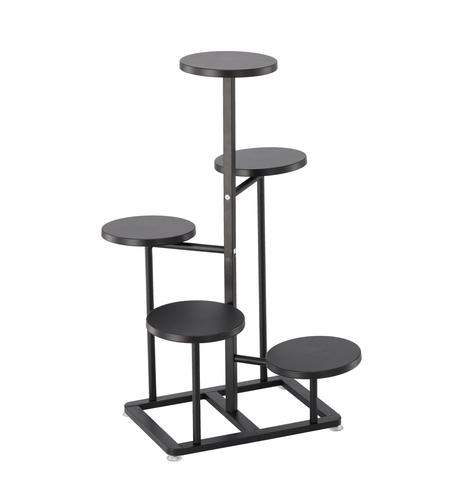 Suport pentru flori cu structura metalica, 5 niveluri, cu rafturi rotunde, 47x47x80 cm, negru