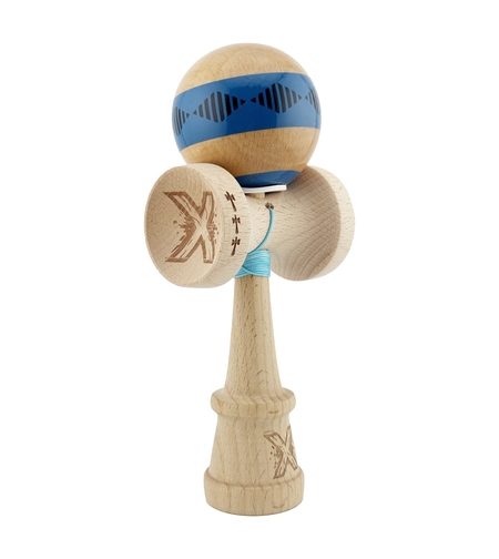 Kendama X Originala FREQUENCY, Profesionala, Flippy, Cupe Mari KING SIZE V3, Super Sticky, Gaura in Baza, Rulment Metalic, din lemn 18 cm, Ata 62/65 cm, Albastru/Maro