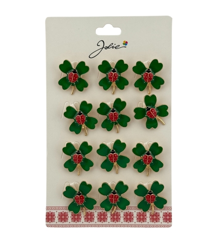 Set 12 Brose Martisor Primavara, Jolie, Model Buburza pe Trifoi, Verde