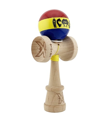 Kendama X Originala, Profesionala, Flippy, Tricolor Edition Vampir Dracula, Super Sticky cu Cupe Mari KING SIZE V3, Rulment Metalic si Gaura in Baza, din Lemn 18 cm, Ata 62/65 cm, Multicolor