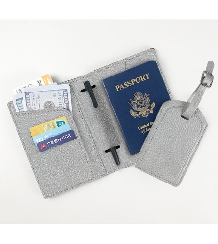 Portofel pentru Pasaport si Carduri, Vafy, 23x16 cm, 70g, din Piele PU, Suport Pix, Accesoriu Suport Eticheta, Unisex, Multifunctional, Argintiu