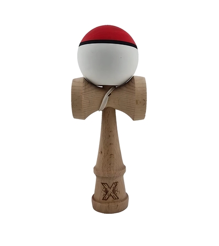 Kendama X Originala, Profesionala, Flippy, din Lemn, Rubber Grip, 18 cm, Rosu/Alb