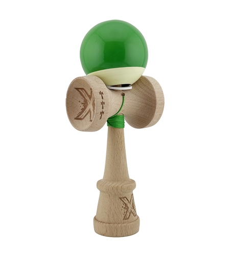 Kendama X Originala, Profesionala, Flippy, Super Sticky cu Cupe Mari KING SIZE V3, Gaura in Baza, Rulment Metalic, din lemn 18 cm, Ata 62/65 cm, Bicolor Verde/Alb