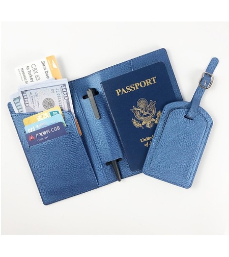 Portofel pentru Pasaport si Carduri, Vafy, 23x16 cm, 70g, din Piele PU, Suport Pix, Accesoriu Suport Eticheta, Unisex, Multifunctional, Albastru