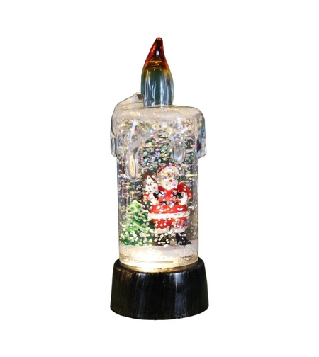 Decoratiune de Craciun tip Lumanare, Flippy, Lumanare de Cristal cu Fulgi de Zapada, Model Mos Craciun cu Sclipici, Iluminare LED, 13 x 5 x 5 cm, Baza Vintage Bronze, Transparent