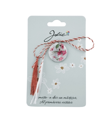 Martisor Traditional din Acril, Jolie, Model Rotund Flori Roz, cu Snur Impletit Alb/Rosu, Pandantiv 2 cm, Multicolor