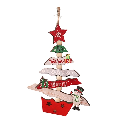 Decoratiune de Craciun din Lemn, Flippy, cu Snur pentru Agatare in Brad, Model Brad de Craciun si Om de Zapada, Scris We Wish You A Merry Christmas, 17x12.8x0.4 cm, Multicolor