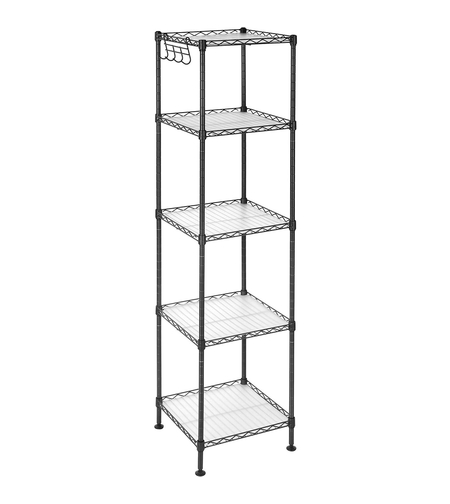 SONGMICS Raft metalic 30x30x124 cm, 5 niveluri, rafturi ajustabile si carlige incluse, structura otel si plastic, negru