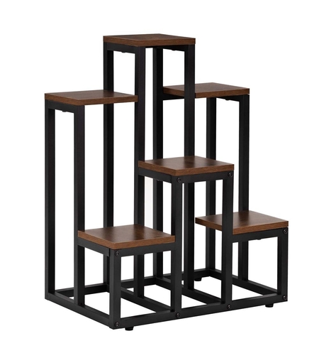 Suport pentru flori cu 6 polite din lemn, structura metal, 51x34x68 cm, negru