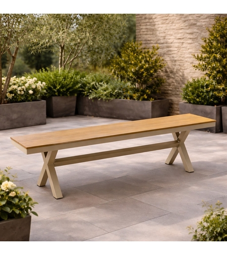 Banca gradina din aluminiu cu sezut aspect lemn, 150x36x47 cm, bej