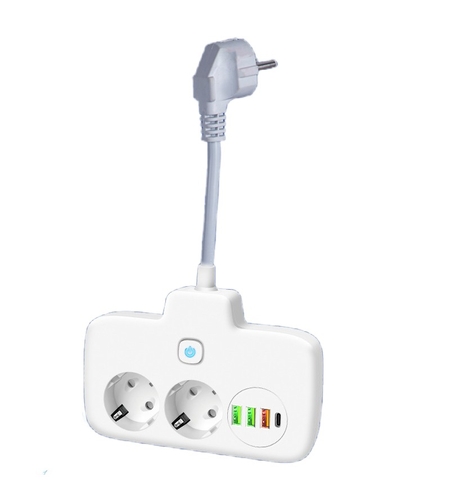 Adaptor Priza, Vafy, 6 in 1, 2 Prize Standard, 3 Porturi USB, 1 Port Tip C, Buton Oprire, 2500W, din PC, Alb