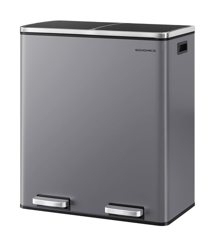 SONGMICS Cos de gunoi dublu colectare selectiva, 2x30L, cu pedale si capac soft close, galeata interioara, otel, 62x59x36 cm, gri