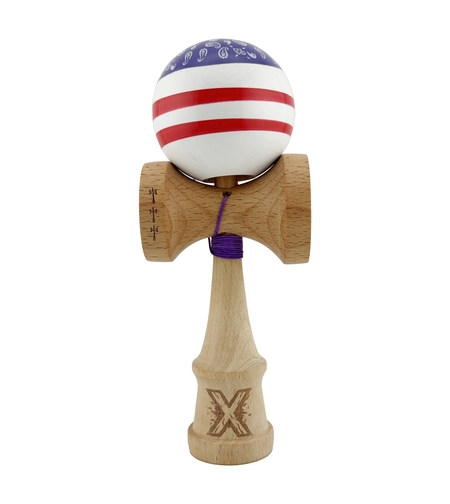 Kendama X CHICANOS Originala, Profesionala, Flippy, Big Cups V2, Super Sticky cu Cupe Mari, Rulment Metalic, din lemn 18 cm, Ata 55 cm, Violet/Alb