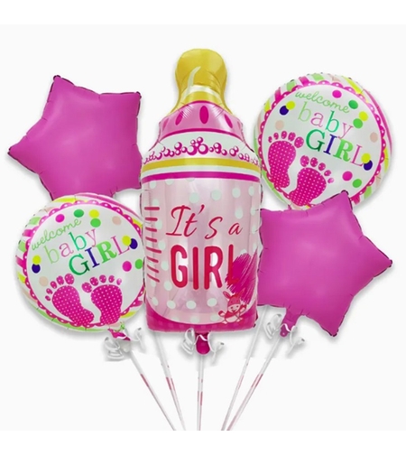 Baloane decorative GENDER REVEAL PARTY, Vafy, Figurina Sticluta, Model IT'S A GIRL, Set din 5 baloane, 40 x 77 cm, pentru Botez, Roz