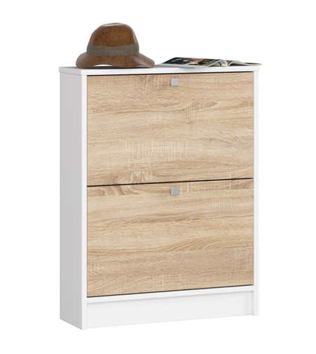 Dulap pantofi cu 2 usi rabatabile, PAL laminat 16 mm, 60x20x80 cm, alb si stejar sonoma