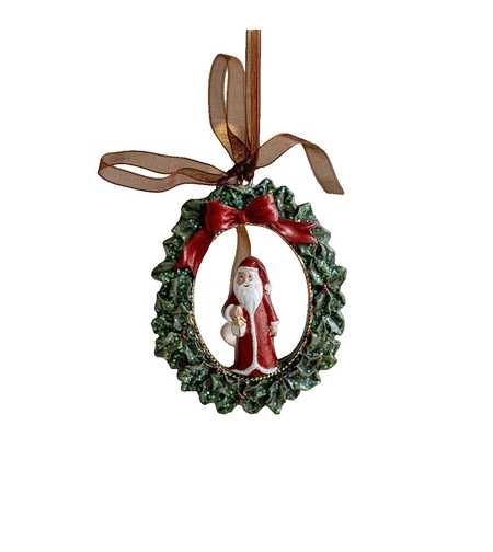Decoratiune de Craciun, Flippy, pentru Brad, Model Ghirlanda cu Mos Craciun, 8 x 6.5 cm, din Rasina, Multicolor