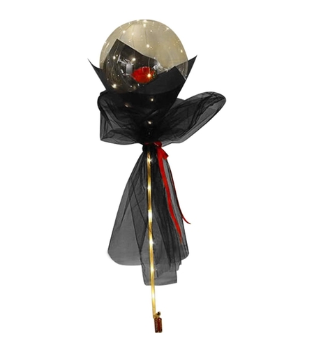 Set Buchet Decorativ, Flippy, Trandafir in Balon cu Lumini Led, Diametru 35 cm, 2 x Baterii AA (neincluse), Rosu/Negru