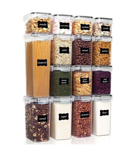 Cutii de depozitare alimente, Flippy, Set din 15 Cutii pentru Condimente, Cereale, Cutii pentru Bucatarie, din Plastic PP, Cutii Alimentare, Diferite Dimensiuni, Transparente