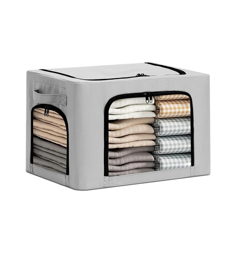 Cutie de Depozitare, Vafy, cu 3 Ferestre cu Fermoar Bidirectional, Cadru din Otel, Impermeabil, 38L, 42 x 30 x 30 cm, Gri