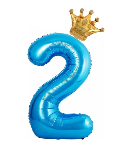 Balon din Folie Metalizata Flippy, Figurina Cifra si Coroana, Tema Aniversare 100 cm, Ambalaj Individual, Pai inclus, Umflare cu Aer sau Heliu, Albastru, Cifra 2