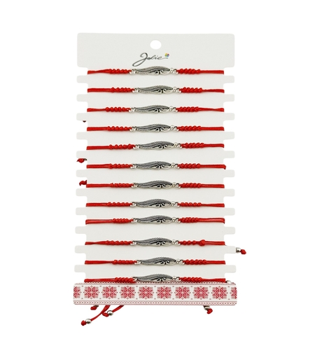 Martisor Bratara Impletita cu Pandantiv din Inox, Jolie, pentru Dama, Set 12 bucati, Snur Rosu Textil, Dimensiune Reglabila, Model Pana